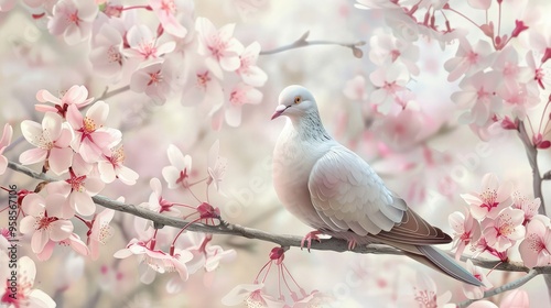 A serene painting of a dove perched on a branch of cherry blossoms.