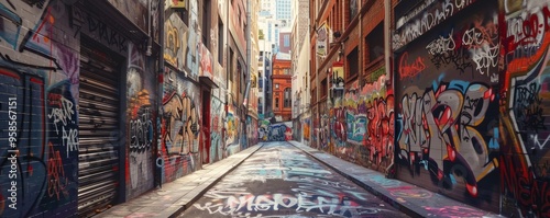 Wallpaper Mural Graffiti tags transforming a dull alley into an urban gallery, 4K hyperrealistic photo Torontodigital.ca