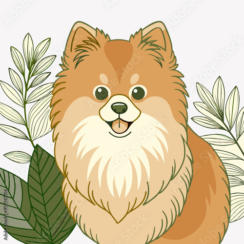 Pomeranian dog portrait with happy expression surrounded by green leaves