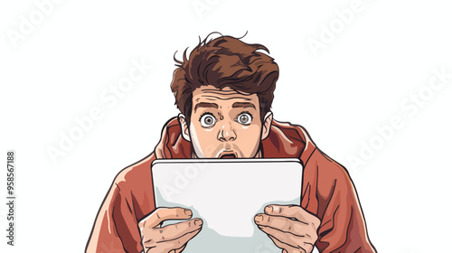 Young Man Looking Shocked in Tablet PC - Handdrawn Vector Illustration