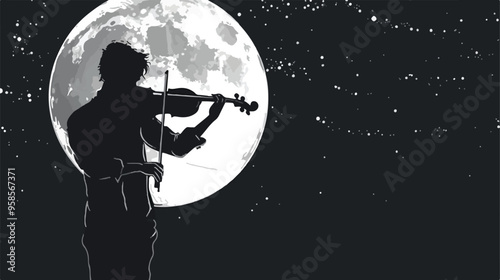Young Man Playing Violin at Night Under Moonlight