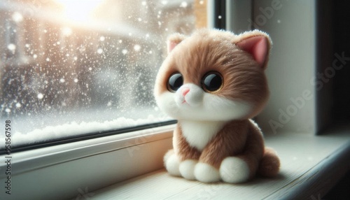 cute plush kitten sitting on a window in winter 1