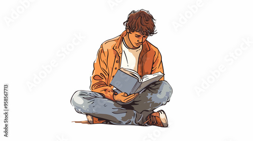 Young Man Student Sitting with Book in Hands