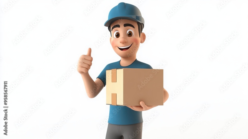 A 3D cartoon delivery person character holding a package and giving a thumbs-up, on a white background A 3D cartoon delivery person character holding a package and giving a thumbs-up, on a white background