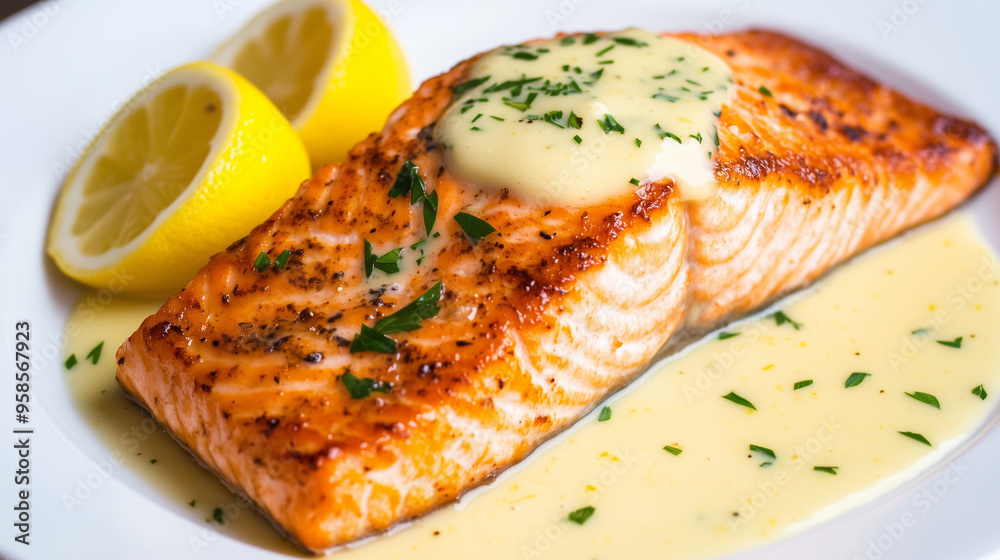 Juicy salmon fillet with a crispy skin, served with a lemon butter sauce, light and flavorful
Juicy salmon fillet with a crispy skin, served with a lemon butter sauce, light and flavorful