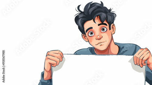 Young Man Holding White Blank Banner for Text