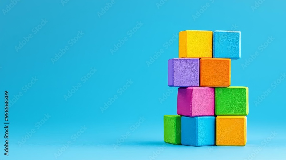 Vibrant stack of multicolored building blocks against a clean blue background, minimal design, playful energy Vibrant stack of multicolored building blocks against a clean blue background, minimal design, playful energy