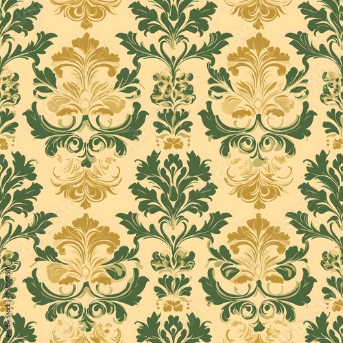 Elegant Green and Gold Damask Pattern: An ornate and intricate damask pattern in shades of green and gold, perfect for adding a touch of sophistication to any design project. 