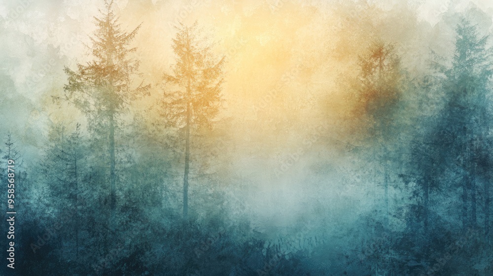 Obraz premium Silhouetted Trees in a Misty Forest with a Warm Glow