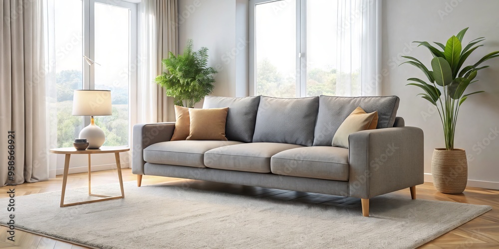 A sleek grey sofa with clean lines and minimalist cushions sits atop a plush, light-beige carpet in a A sleek grey sofa with clean lines and minimalist cushions sits atop a plush, light-beige carpet in a