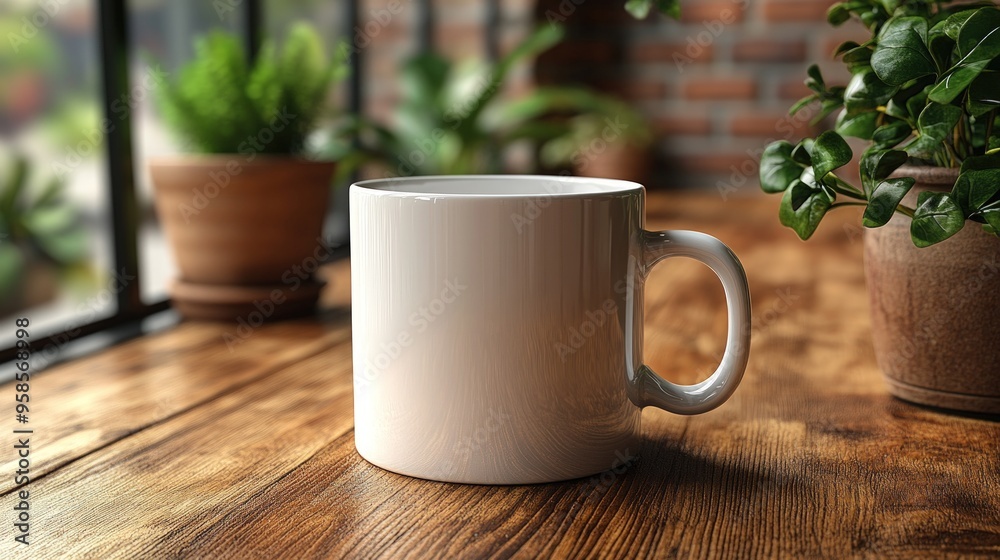 A white coffee mug sits on a wooden table next to a window with plants in pots. A white coffee mug sits on a wooden table next to a window with plants in pots.