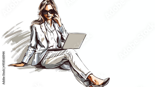 Young Pretty Businesswoman Sitting and Using Laptop