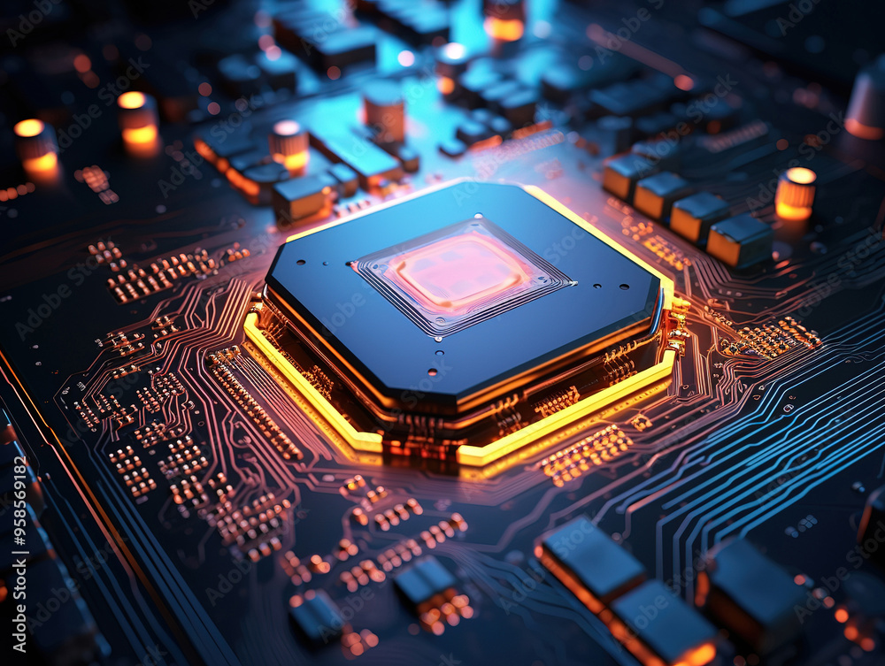 Close-Up of Glowing CPU on Circuit Board Close-Up of Glowing CPU on Circuit Board