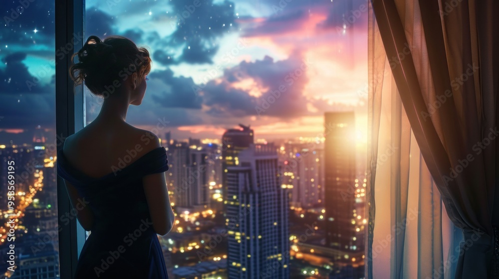A woman gazes out of a window, admiring the vibrant city skyline at night A woman gazes out of a window, admiring the vibrant city skyline at night