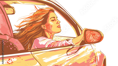 Young Pretty Woman Driving Car and Leaning Out of Car