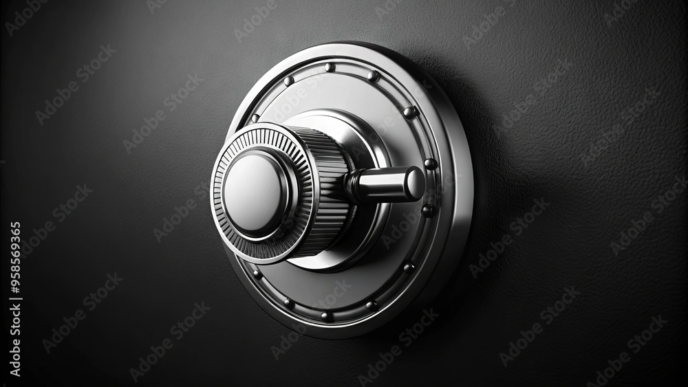 A sleek, modern, high-contrast, black and white illustration of a round safe handle with intricate details and a A sleek, modern, high-contrast, black and white illustration of a round safe handle with intricate details and a