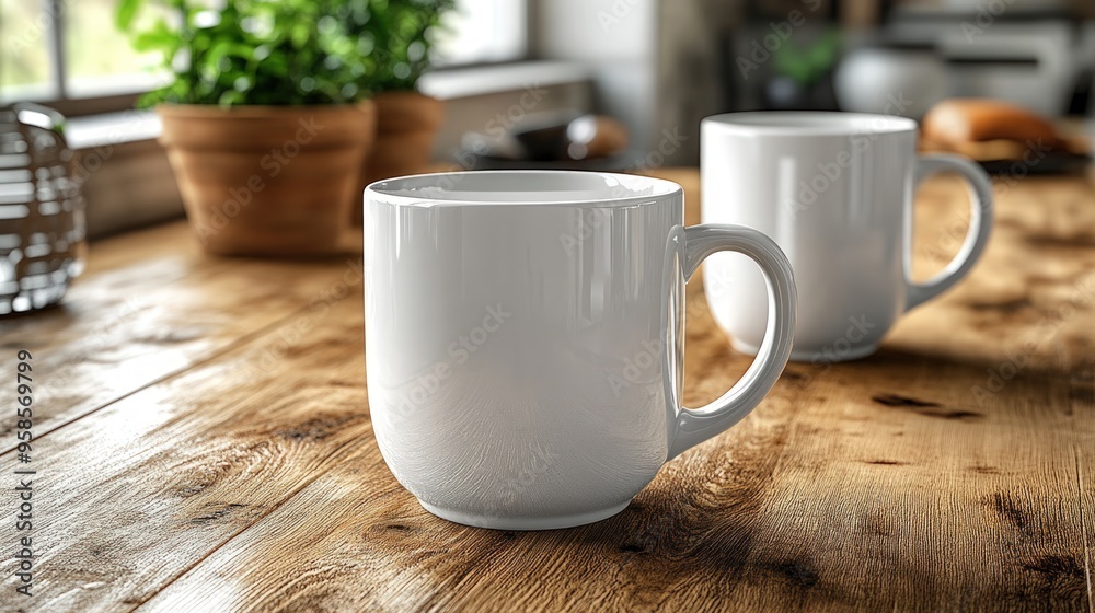 Two white coffee mugs on a wooden table with a window and plant in the background.
