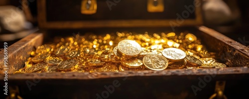 A treasure chest overflowing with shiny gold coins, symbolizing wealth and fortune, perfect for adventure or pirate themes.