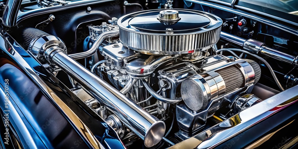 A sleek, well-maintained engine lubricated with high-performance grease, gleaming chrome components, and neatly A sleek, well-maintained engine lubricated with high-performance grease, gleaming chrome components, and neatly