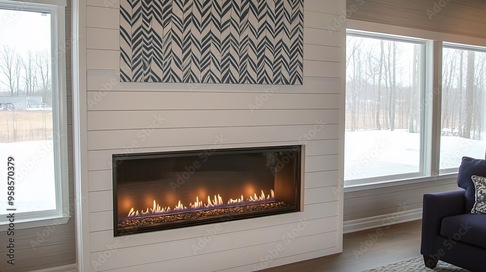 This elegant living room features a white shiplap fireplace, a minimalist navy blue abstract artwork above, and a calm, airy atmosphere illuminated by soft natural light This elegant living room features a white shiplap fireplace, a minimalist navy blue abstract artwork above, and a calm, airy atmosphere illuminated by soft natural light