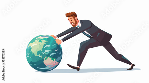 Young Successful Businessman Pushing Earth Planet