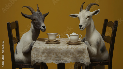 Goats Having Tea Party in Surreal Setting photo