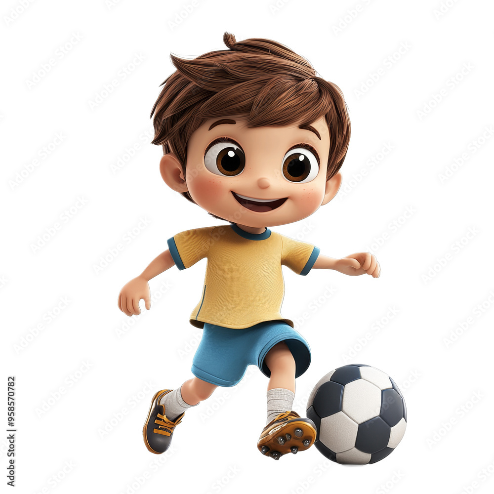 Cute Cartoon Boy Playing Soccer with Football