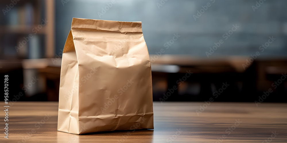 Empty plain brown paper bag for lunch or food sits isolated on a table with ample space for writing or imagery, awaiting customization. Empty plain brown paper bag for lunch or food sits isolated on a table with ample space for writing or imagery, awaiting customization.