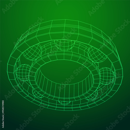 Roller bearing. Circular round rotating bearings used in industry for heavy equipment mechanical work and engineering. Wireframe low poly mesh vector illustration.