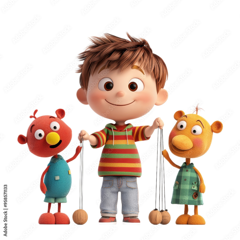 Happy Cartoon Boy Playing with Two Funny Puppets Happy Cartoon Boy Playing with Two Funny Puppets