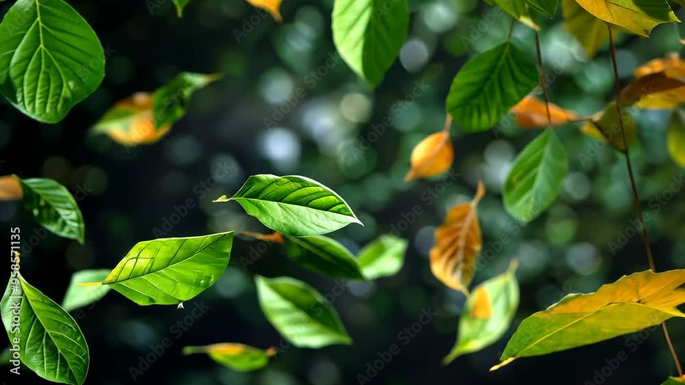 Colorful leaves dancing in the wind during autumn in a serene forest setting Colorful leaves dancing in the wind during autumn in a serene forest setting