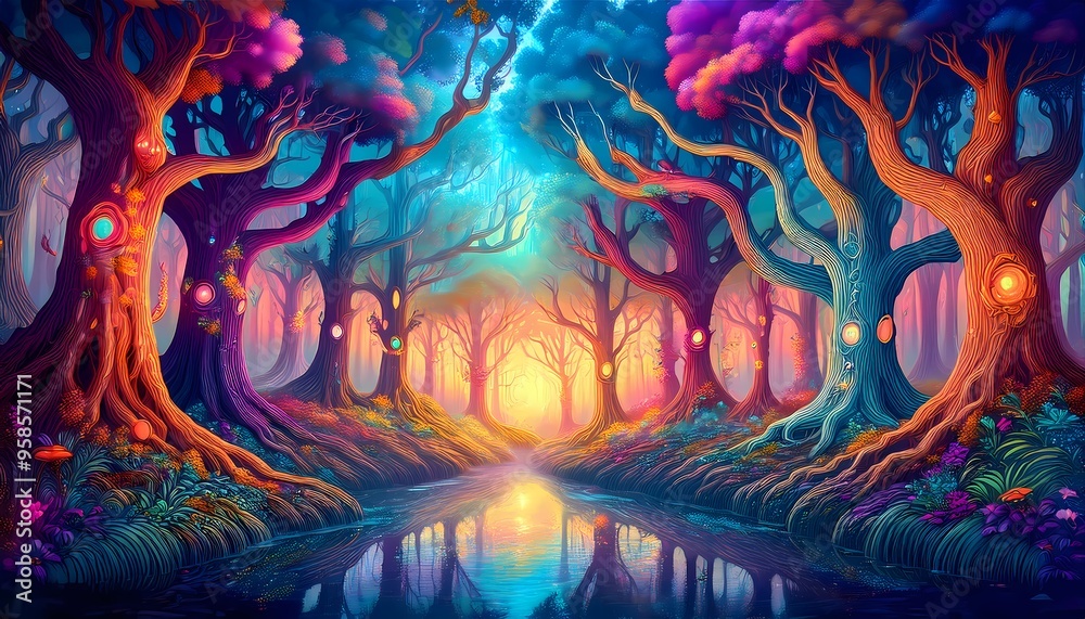 A whimsical vector drawing of a magical forest, with stylized trees, fantastical creatures, and a bright, imaginative color palette. A whimsical vector drawing of a magical forest, with stylized trees, fantastical creatures, and a bright, imaginative color palette.
