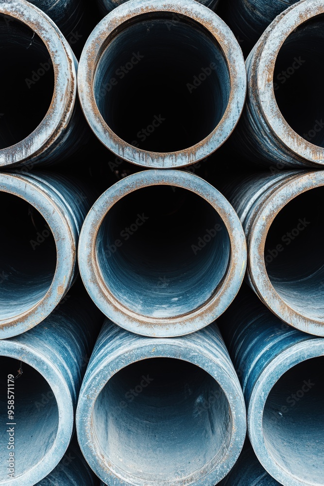 vertical stacked industrial metal pipes, construction, engineering, and industrial design