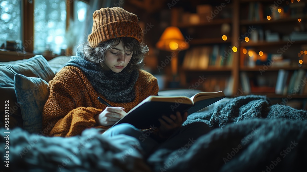 Obraz premium A person sits comfortably on a cozy couch in a warmly lit room, writing in a book while surrounded by bookshelves and soft blankets