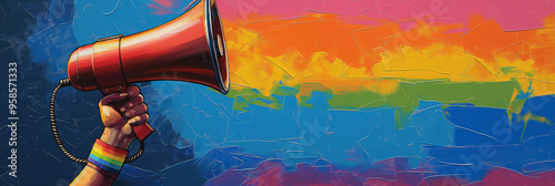 megaphone lgbt, Pride Month events. voice of minorities. gays and lesbians demand rights and protection. protest against homophobia. violence, rally, society, vulnerable group of the population