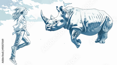 Young Woman in Casual and Rhino Flying in Sky