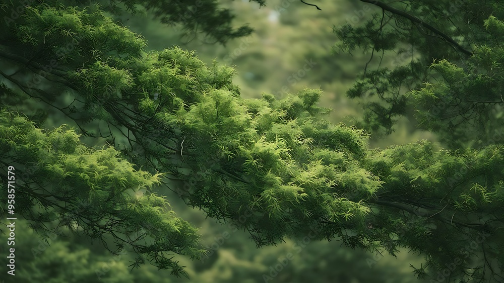 Fototapeta premium Full frame of green foliage on branches with blurred background