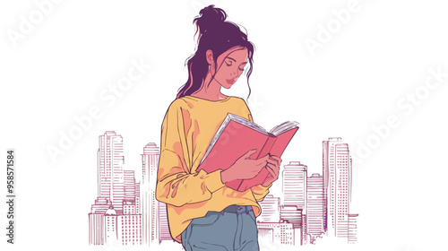 Young Woman in Casual Holding Opened Book with City View