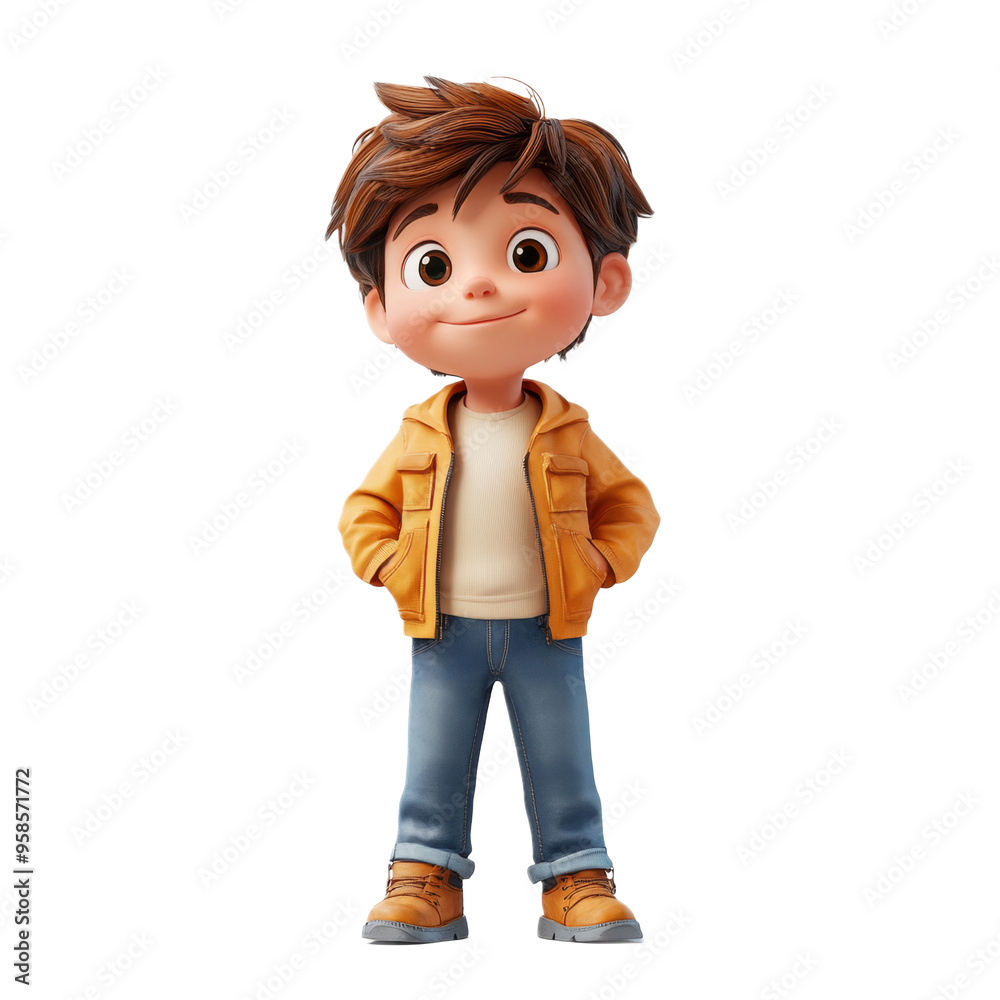 Cute Cartoon Boy in Yellow Jacket and Jeans Cute Cartoon Boy in Yellow Jacket and Jeans