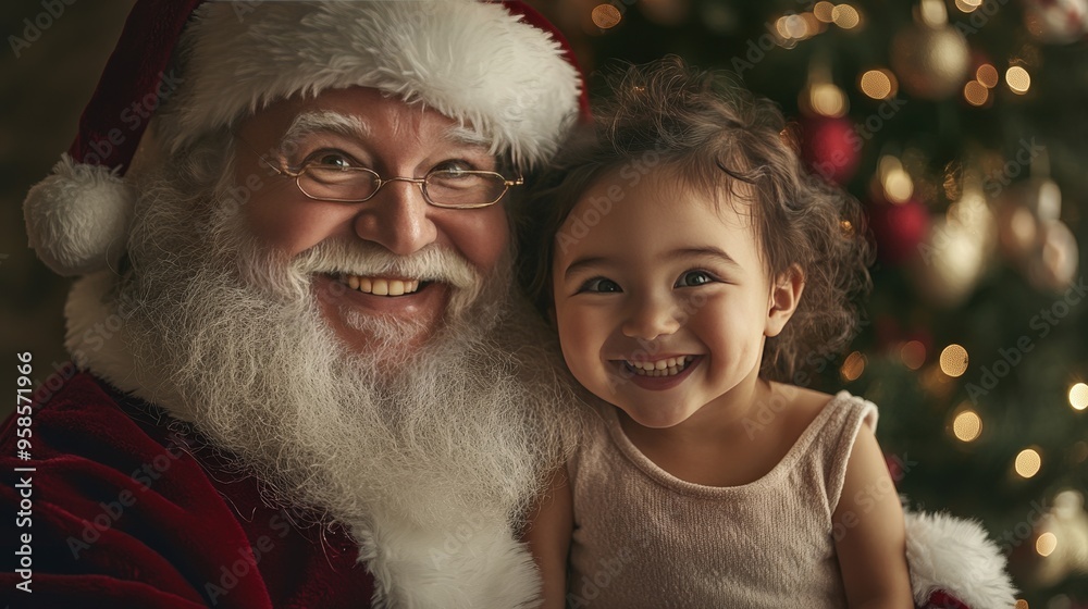Heartwarming Portrait of Santa Claus Holding a Smiling Child with Glowing Christmas Lights Heartwarming Portrait of Santa Claus Holding a Smiling Child with Glowing Christmas Lights