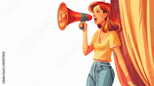 Young Woman in Casual with Megaphone Opening Curtain