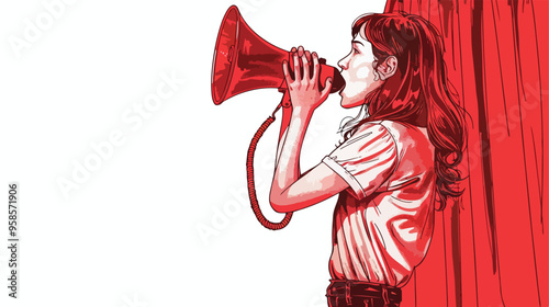 Young Woman in Casual with Megaphone Opening Curtain