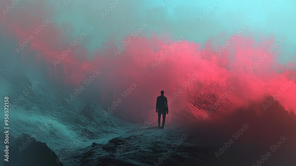 Silhouette of a Man Standing Against a Red and Blue Foggy Background