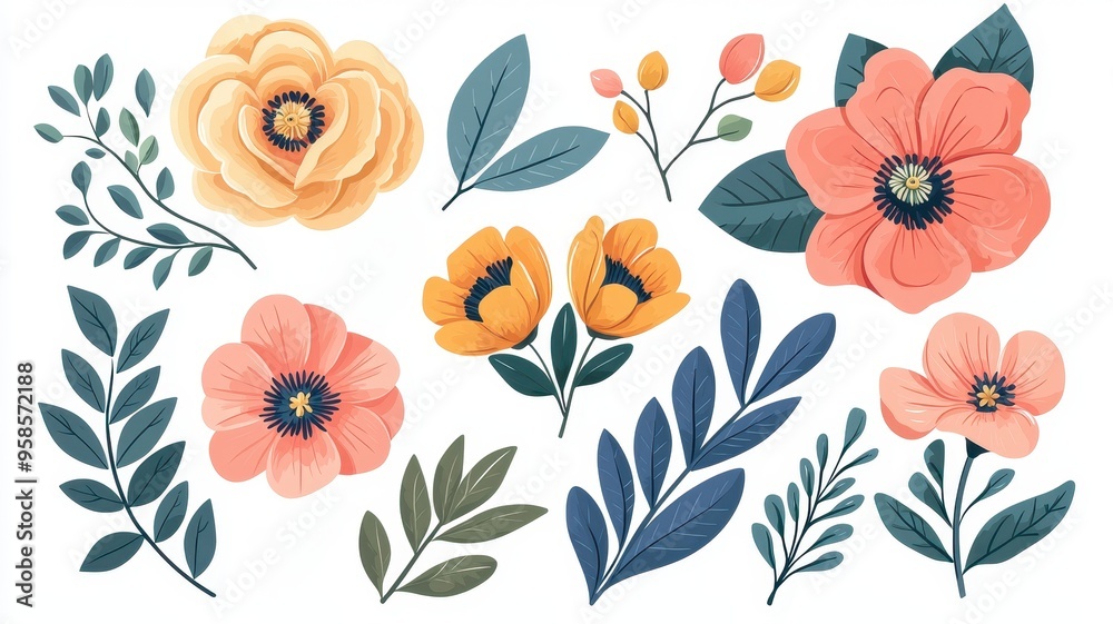 A vibrant collection of illustrated flowers and leaves in various colors, perfect for decorating cards, invitations, or art projects. A vibrant collection of illustrated flowers and leaves in various colors, perfect for decorating cards, invitations, or art projects.
