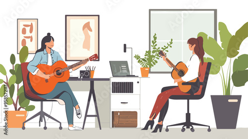 Young Woman in Office with Friend Playing Guitar