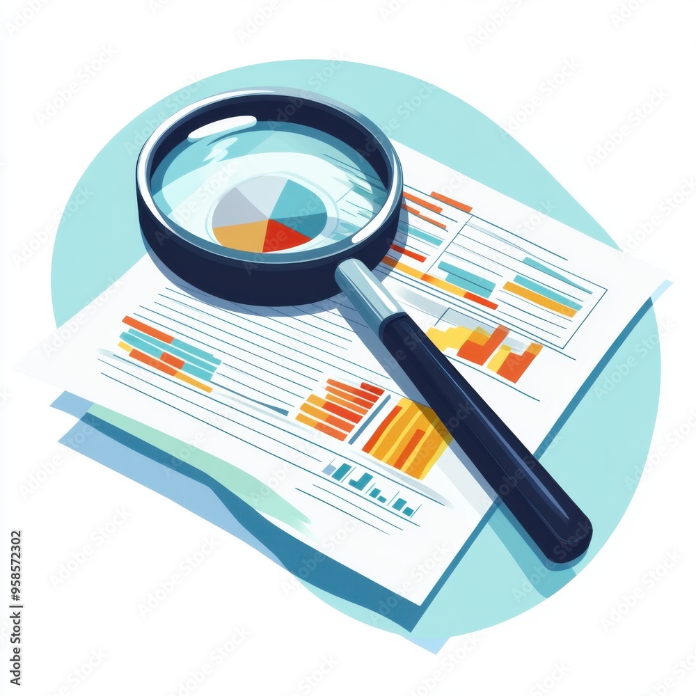 Financial Analysis Concept with Magnifying Glass on Budget Sheet - Flat Design Pastel Illustration