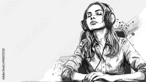 Young Woman in the Office with Headphones Hand-drawn Illustration