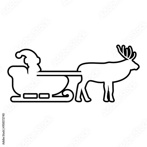 Santa Claus in a reindeer wagon chariot with sled contour outline line icon black color vector illustration image thin flat style