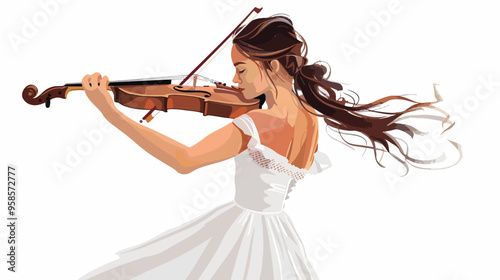 Young Woman Playing Violin in White Dress - Handdrawn Illustration