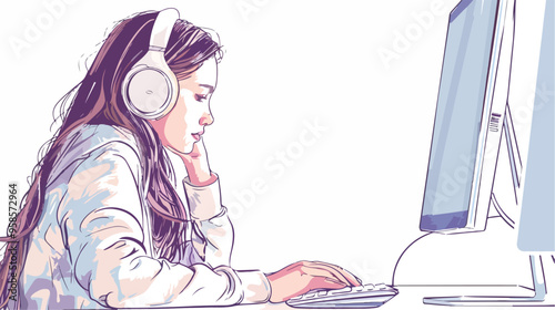 Young Woman Listening to Music While Working